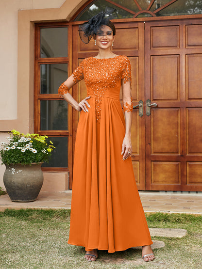 Robe de Soirée Longue Coupe A-Line/Princesse avec Appliques En Dentelle et Demi-Manches