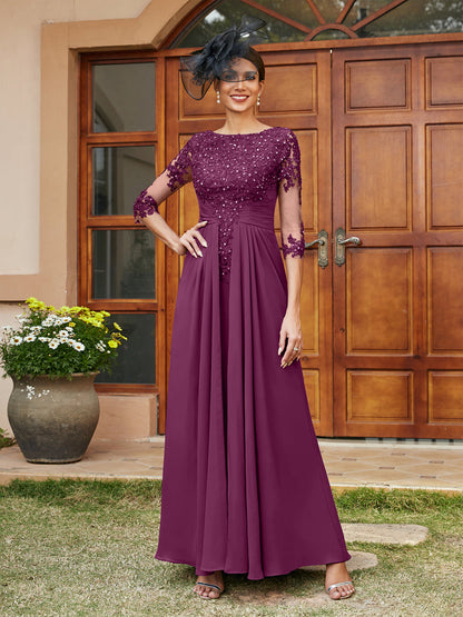 Robe de Soirée Longue Coupe A-Line/Princesse avec Appliques En Dentelle et Demi-Manches