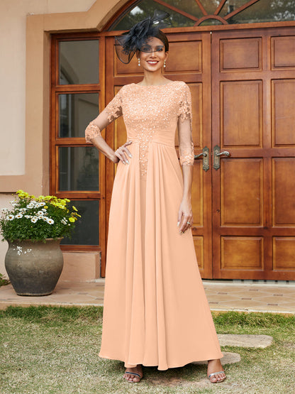 Robe de Soirée Longue Coupe A-Line/Princesse avec Appliques En Dentelle et Demi-Manches