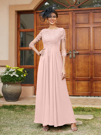 Robe de Soirée Longue Coupe A-Line/Princesse avec Appliques En Dentelle et Demi-Manches