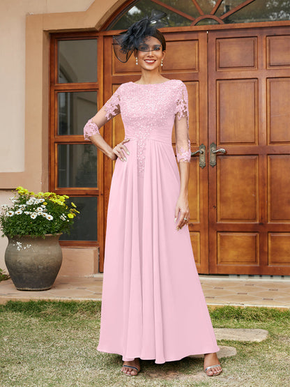 Robe de Soirée Longue Coupe A-Line/Princesse avec Appliques En Dentelle et Demi-Manches