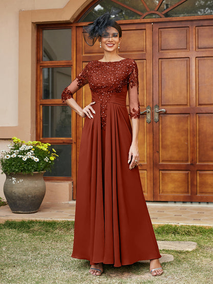 Robe de Soirée Longue Coupe A-Line/Princesse avec Appliques En Dentelle et Demi-Manches