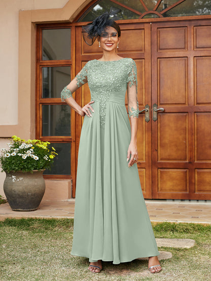 Robe de Soirée Longue Coupe A-Line/Princesse avec Appliques En Dentelle et Demi-Manches