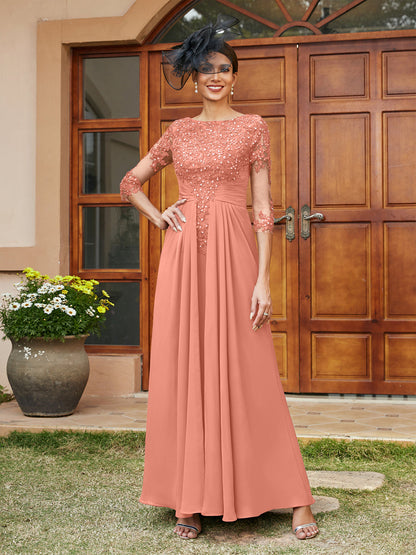 Robe de Soirée Longue Coupe A-Line/Princesse avec Appliques En Dentelle et Demi-Manches