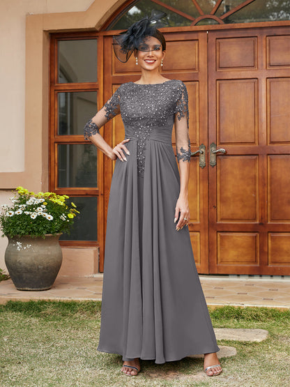 Robe de Soirée Longue Coupe A-Line/Princesse avec Appliques En Dentelle et Demi-Manches