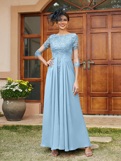Robe de Soirée Longue Coupe A-Line/Princesse avec Appliques En Dentelle et Demi-Manches