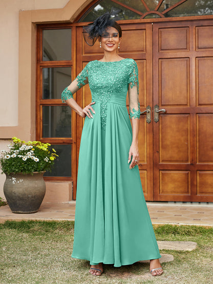 Robe de Soirée Longue Coupe A-Line/Princesse avec Appliques En Dentelle et Demi-Manches