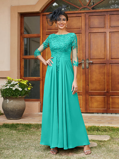 Robe de Soirée Longue Coupe A-Line/Princesse avec Appliques En Dentelle et Demi-Manches