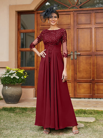 Robe de Soirée Longue Coupe A-Line/Princesse avec Appliques En Dentelle et Demi-Manches