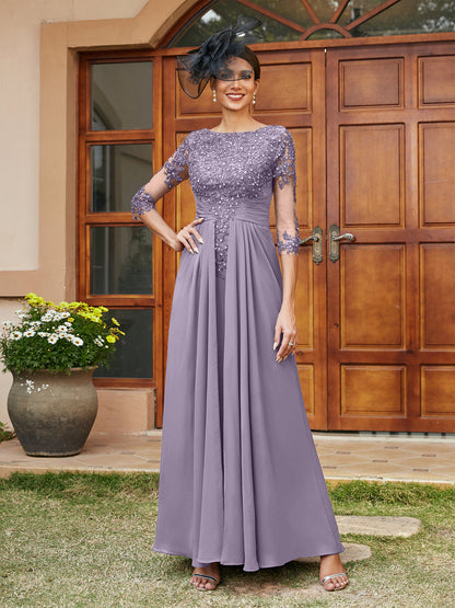 Robe de Soirée Longue Coupe A-Line/Princesse avec Appliques En Dentelle et Demi-Manches