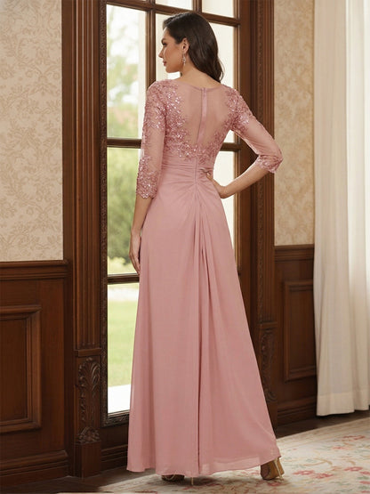 Robe longue de la mère de la mariée trapèze, demi-manches, dentelle et appliqués