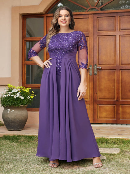 Robe de Soirée Longue Grande Taille, Coupe Trapèze/Princesse avec Appliques en Dentelle et Manches Mi-Longues