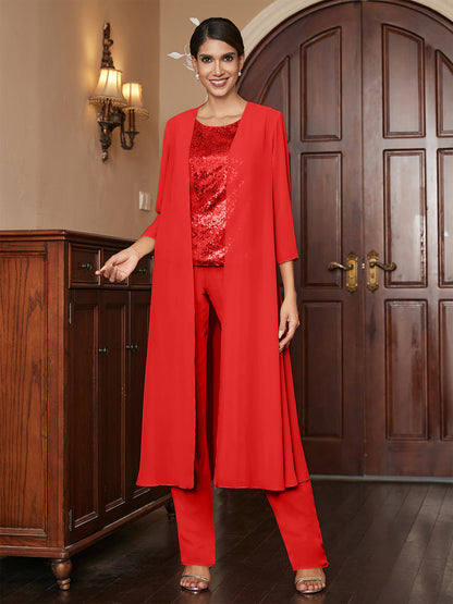 Ensemble 3 Pièces En Mousseline de Soie à Manches 3/4 avec Paillettes et Veste