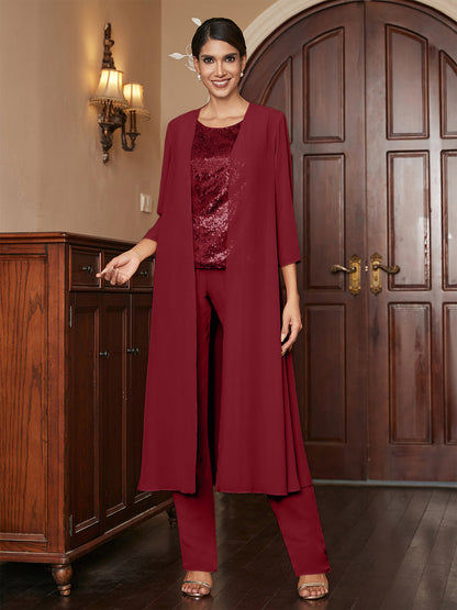 Ensemble 3 Pièces En Mousseline de Soie à Manches 3/4 avec Paillettes et Veste