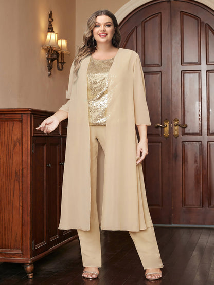Ensemble 3 Pièces Grande Taille en Mousseline de Soie, Manches 3/4 avec Paillettes et Veste