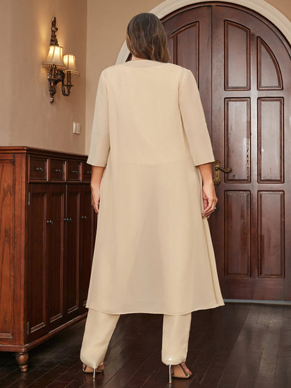 Ensemble 3 Pièces Grande Taille en Mousseline de Soie, Manches 3/4 avec Paillettes et Veste