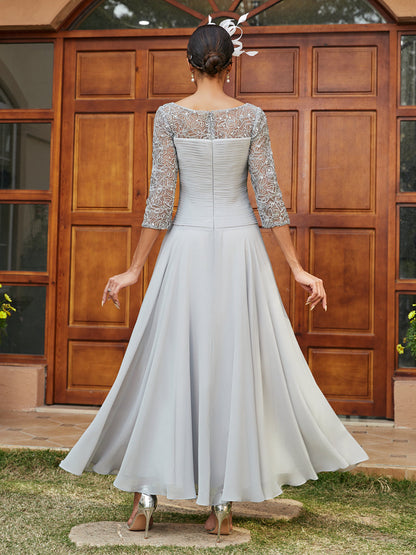 Robe de Soirée Longue à Manches Mi-Longues et Col Transparent Coupe A-Line/Princess avec Appliques