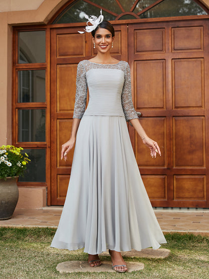 Robe de Soirée Longue à Manches Mi-Longues et Col Transparent Coupe A-Line/Princess avec Appliques