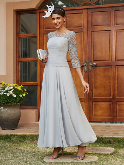 Robe de Soirée Longue à Manches Mi-Longues et Col Transparent Coupe A-Line/Princess avec Appliques
