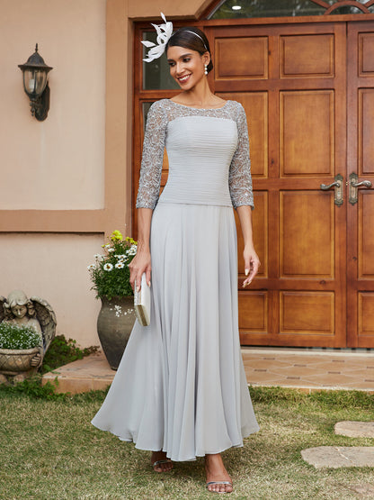 Robe de Soirée Longue à Manches Mi-Longues et Col Transparent Coupe A-Line/Princess avec Appliques