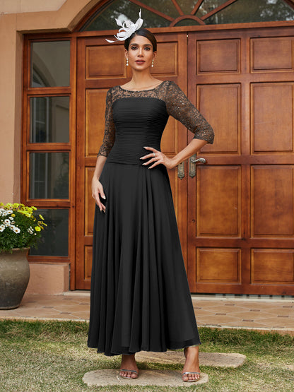 Robe de Soirée Longue à Manches Mi-Longues et Col Transparent Coupe A-Line/Princess avec Appliques