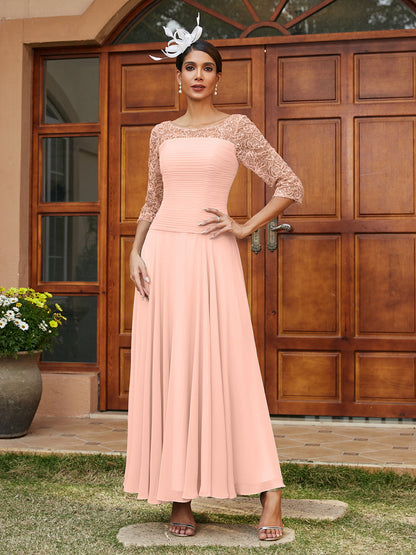 Robe de Soirée Longue à Manches Mi-Longues et Col Transparent Coupe A-Line/Princess avec Appliques