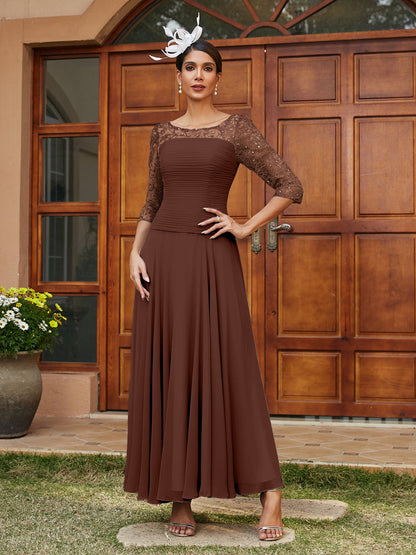 Robe de Soirée Longue à Manches Mi-Longues et Col Transparent Coupe A-Line/Princess avec Appliques