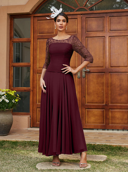 Robe de Soirée Longue à Manches Mi-Longues et Col Transparent Coupe A-Line/Princess avec Appliques