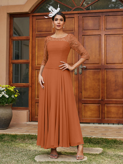 Robe de Soirée Longue à Manches Mi-Longues et Col Transparent Coupe A-Line/Princess avec Appliques