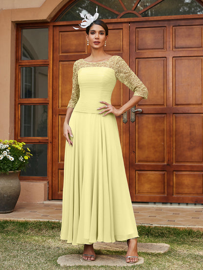 Robe de Soirée Longue à Manches Mi-Longues et Col Transparent Coupe A-Line/Princess avec Appliques