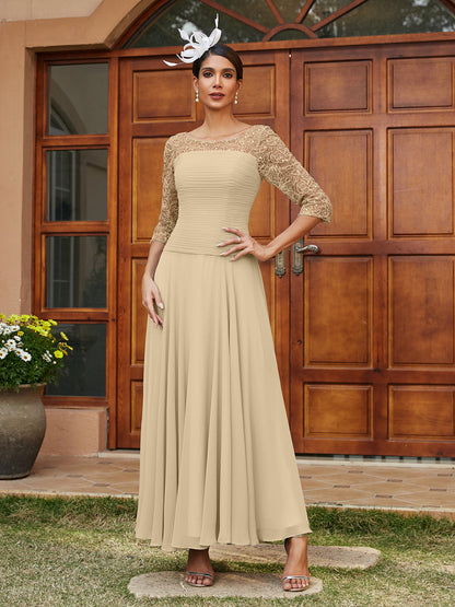 Robe de Soirée Longue à Manches Mi-Longues et Col Transparent Coupe A-Line/Princess avec Appliques