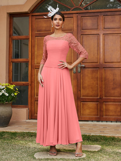 Robe de Soirée Longue à Manches Mi-Longues et Col Transparent Coupe A-Line/Princess avec Appliques