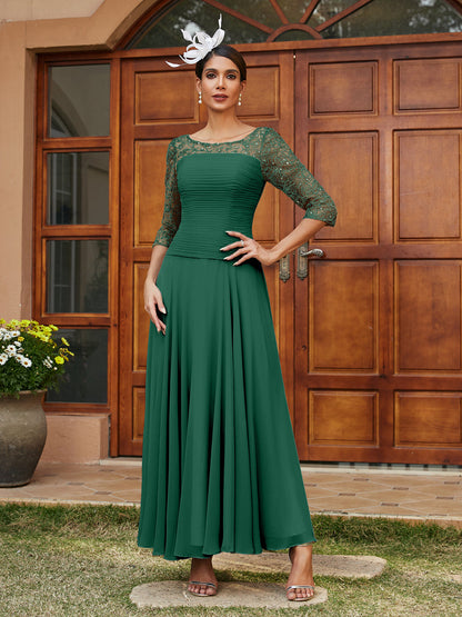 Robe de Soirée Longue à Manches Mi-Longues et Col Transparent Coupe A-Line/Princess avec Appliques