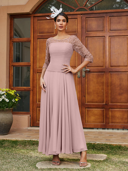 Robe de Soirée Longue à Manches Mi-Longues et Col Transparent Coupe A-Line/Princess avec Appliques