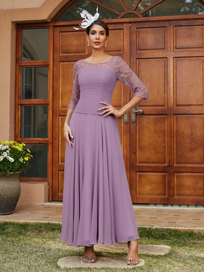 Robe de Soirée Longue à Manches Mi-Longues et Col Transparent Coupe A-Line/Princess avec Appliques