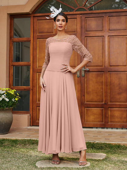 Robe de Soirée Longue à Manches Mi-Longues et Col Transparent Coupe A-Line/Princess avec Appliques