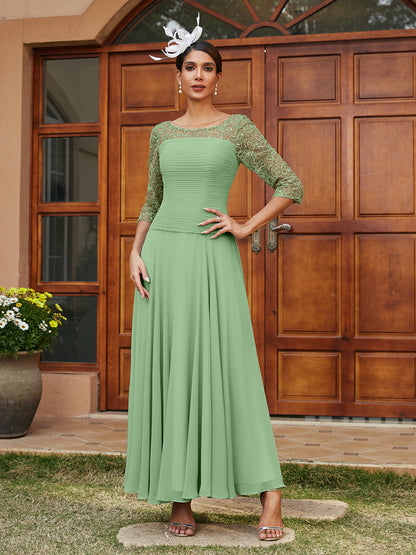 Robe de Soirée Longue à Manches Mi-Longues et Col Transparent Coupe A-Line/Princess avec Appliques