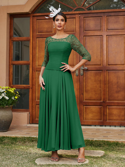 Robe de Soirée Longue à Manches Mi-Longues et Col Transparent Coupe A-Line/Princess avec Appliques