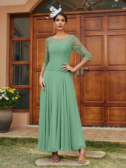 Robe de Soirée Longue à Manches Mi-Longues et Col Transparent Coupe A-Line/Princess avec Appliques
