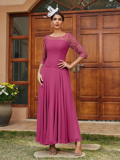 Robe de Soirée Longue à Manches Mi-Longues et Col Transparent Coupe A-Line/Princess avec Appliques