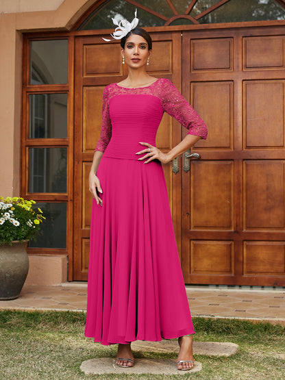 Robe de Soirée Longue à Manches Mi-Longues et Col Transparent Coupe A-Line/Princess avec Appliques