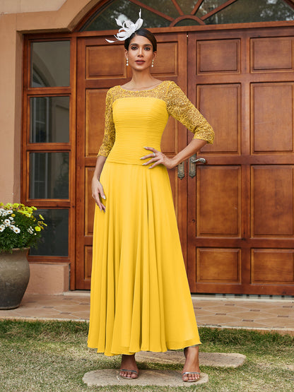 Robe de Soirée Longue à Manches Mi-Longues et Col Transparent Coupe A-Line/Princess avec Appliques