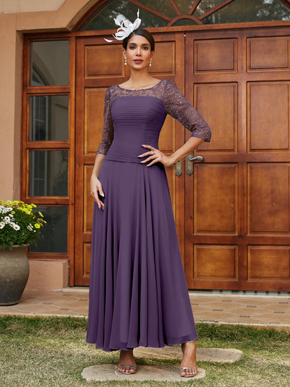 Robe de Soirée Longue à Manches Mi-Longues et Col Transparent Coupe A-Line/Princess avec Appliques