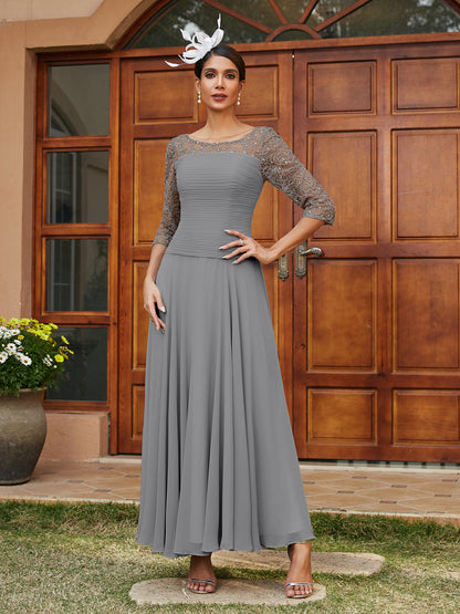 Robe de Soirée Longue à Manches Mi-Longues et Col Transparent Coupe A-Line/Princess avec Appliques