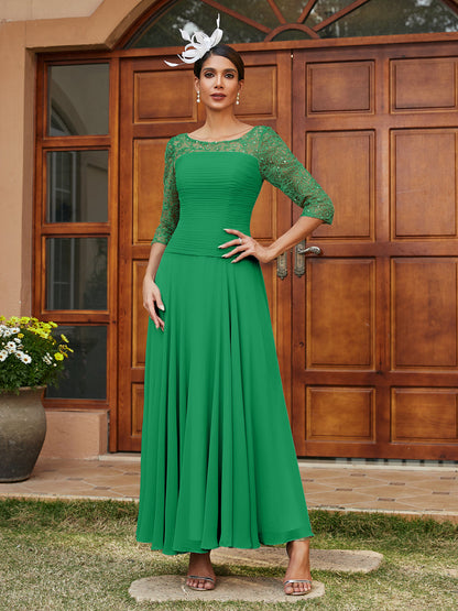 Robe de Soirée Longue à Manches Mi-Longues et Col Transparent Coupe A-Line/Princess avec Appliques