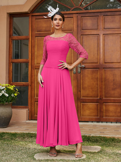 Robe de Soirée Longue à Manches Mi-Longues et Col Transparent Coupe A-Line/Princess avec Appliques