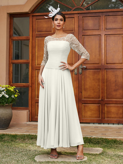 Robe de Soirée Longue à Manches Mi-Longues et Col Transparent Coupe A-Line/Princess avec Appliques