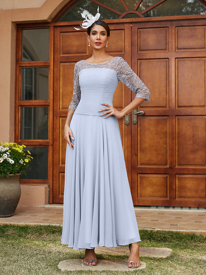 Robe de Soirée Longue à Manches Mi-Longues et Col Transparent Coupe A-Line/Princess avec Appliques