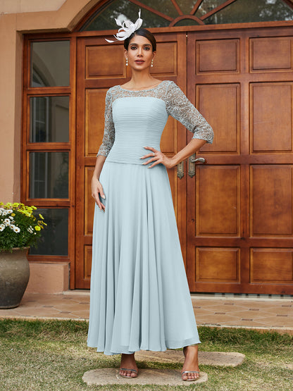 Robe de Soirée Longue à Manches Mi-Longues et Col Transparent Coupe A-Line/Princess avec Appliques