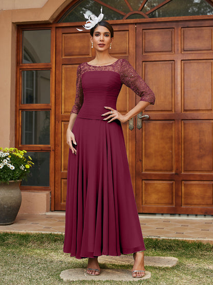 Robe de Soirée Longue à Manches Mi-Longues et Col Transparent Coupe A-Line/Princess avec Appliques